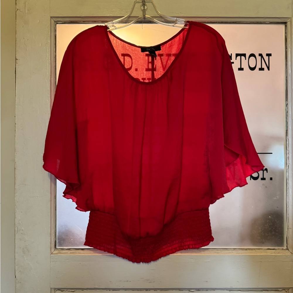 BCX Red Sheer Blouse with Smocked Waist